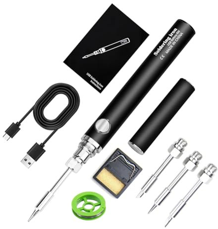 Lötkolben Set Mini Lötkolben -USB Akku Lötkolben mit 3 Temperatur Einstellbar 200℃-480℃, Lötkolbenständer,3 Lötspitzen,mit Deckel