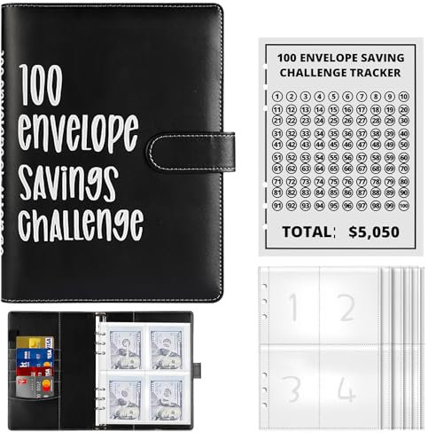 Palmcee 100 Envelope Saving Challenge, Sparbuch für Geld, Geldsparbinder Budget Planner mit A5 Cash Umschläge, Geld Sparen Challenge - Sparen Sie Ganz Einfach 5050 EUR (Schwarz)