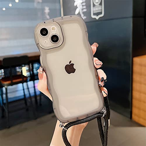 Rokmym Coque pour iPhone 15 Plus avec Cordon de Collier Réglable - Transparent Grande Bordure Ondulée en Silicone Bumper - Protection Anti-Choc Housse, Noir