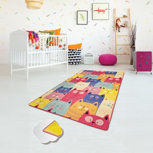 Bosdela Kinderteppich und Babyteppich Vielfältige Designvariationen 100x160 cm Katze – rutschfest, hypoallergen & pflegeleicht, idealer Spiel- und Krabbelteppich für Kinderzimmer & Tierfreunde