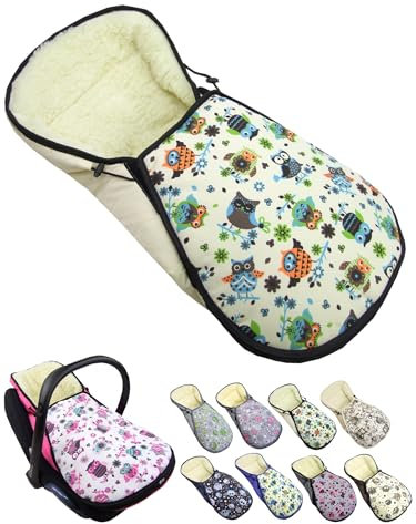 Fußsack für Babyschale [Winterfußsack] für Kinderautositz kompatibel mit Maxi Cosi Babyschalen Gruppe 0+ Lammwolle Sitzauflage verstellbar (Eule 4)