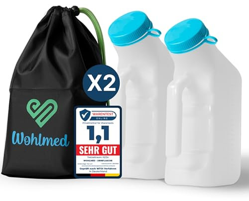 Wohlmed Lot de 2 bouteilles d'urine anti-fuite pour homme en plastique solide avec couvercle lumineux avec protection discrète contre les odeurs de poche 1000 ml pour la maison, la voiture, le camping