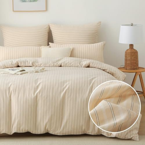 SOULFUL Housse de Couette 200x200 Coton Rayures, Beige Parure de Housse de Couette avec Fermeture Éclair, Certifié Oeko-TEX, Parure de Lit Rayé 200x200 Coton avec 2 Taie d'oreiller 65x65 cm