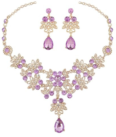 Faruodis Kristall Hochzeit Halskette Ohrringe Sets Braut Strass Blume Kugel baumeln Schmuck für Frauen Braut Brautjungfer (Lila)