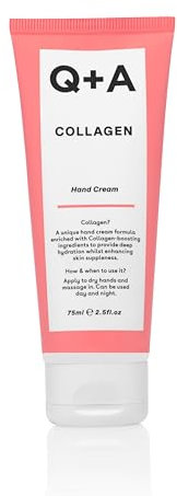 Q+A Collagen Hand Cream, Crema Hidratante con Colágeno Vegetal, Complejo de Azúcar, Hematita, Fragancia de Pera y Uva, Vegana, Cruelty-Free, Anti-Envejecimiento, 75ml, Envase Reciclado, UK