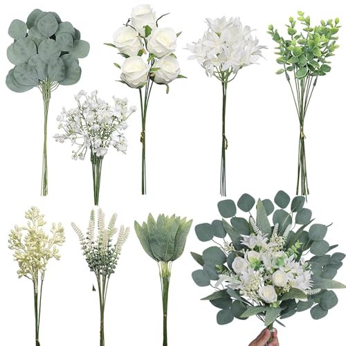 Lot de 75 Fleurs et Feuilles Artificielles, Branches d'Eucalyptus Artificiel,Bouquet de Fleurs Artificielles pour Décoration Maison, Mariage, Bureau, DIY et Arrangement Floral (Blanc et Vert)