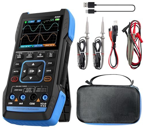 3-IN-1 2C53T - Multímetro de osciloscopio manual actualizado con 2 canales, ancho de banda de 50 MHz y frecuencia de muestreo de 250 MS/s, generador de señal TRMS 19999 Counts, 13 formas de onda para