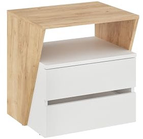 KOMTO Nachttisch mit 2 Schubladen - Nachtschrank, Nachtkästchen mit offenes Fach, Nachtkonsole für Schlafzimmer | Bedside Table Weiß/Honig Eiche Shift 50 x 50 x 40 cm