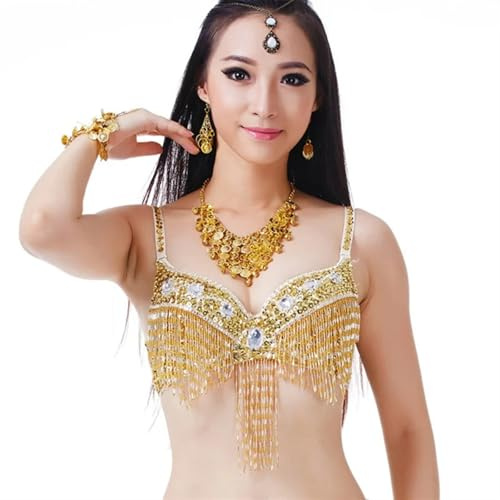 HWJFDC Pailletten BH Top Bauchtanz Fransen Neckholder Top BH Pailletten Perlen Damen Mädchen Kostüm Unterwäsche Festival Tanz Outfit Bauchtanz BH(Gold)
