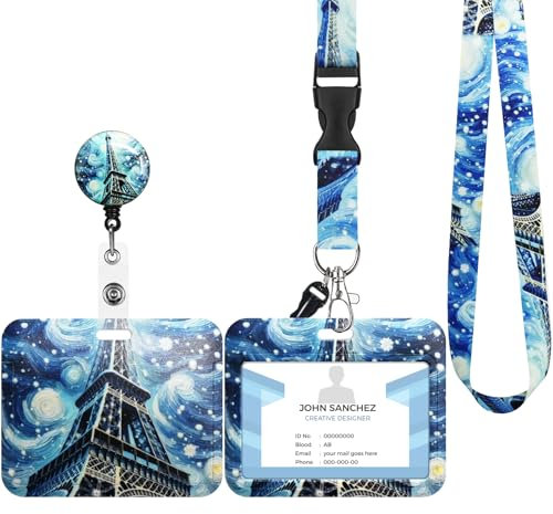 Porte Badge avec Cordon,Tour de Cou Badge avec Porte-Cartes,Equipé d'un crochet d'écrevisse rotatif extensible,Adapté pour Carte d'identité,Carte Bancaire (A-Pagode bleue)