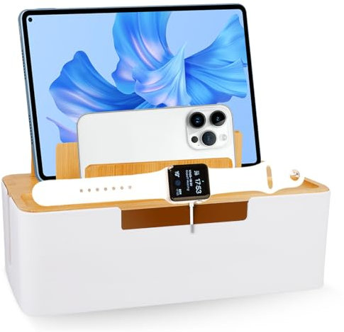 Kabelbox, Kabelmanagement Box, Steckdosenbox mit Deckel, Kabel Organizer Box, Kabel Aufbewahrungsbox, Desktop Kabel Organizer für Telefone Tablets Smartwatches Computer(Weiß)