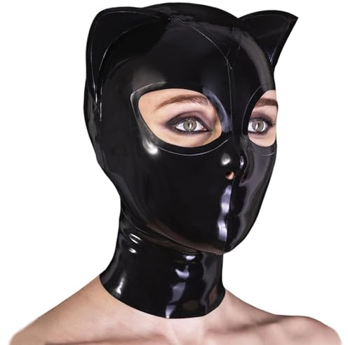 GREEFEI Cappuccio con Maschera da Gatto in Lattice Gomma per Cosplay con Orecchie,Cerniera Posteriore Accessori Fatta a Mano