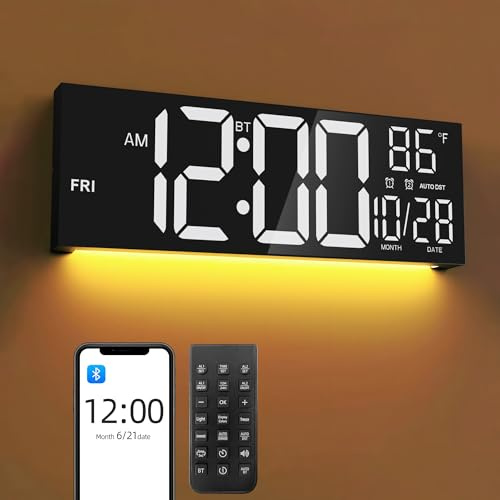 Mee 2ou 16.5 Large LED Digital Wall Clock with Bluetooth Sync, Night Light, Dimming, 2 Alarms, RGB Color, Temperature, Remote Control, 12/24H, Timer for Living Room, Bedroom, Gym, Office