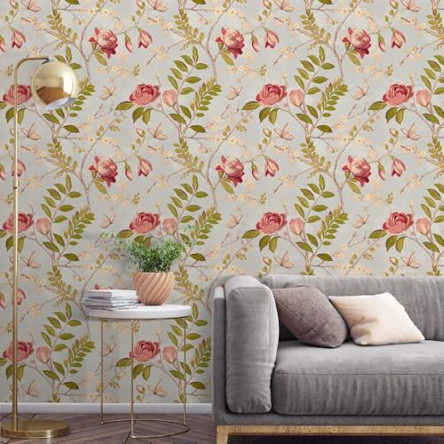 SOPHIE LAURENCE Floral Red Green Wallpaper Trail Roll – Vintage Rose Design – Luxury Decorative Wallpaper for Bedroom, Living Room & Feature Walls Green Leaf (10m x 53cm)