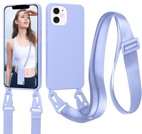 Jrkvniv Handyband für iPhone 12 Mini Hülle mit Band, Gras Lila | Necklace Handyhülle mit zum Umhängen Kordel Schnur, Stoßfest Weich TPU Flüssig Silikon Schutzhülle Case mit Kette