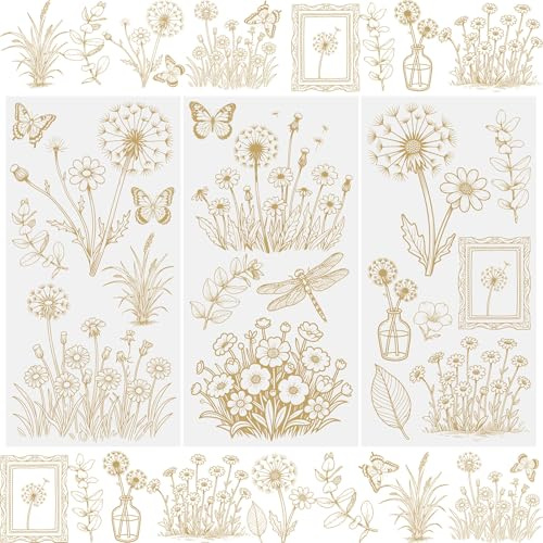 WANDIC 3 Bögen Transfer-Aufkleber, goldene Blume, wasserdichte Aufkleber, Möbelhandwerk, Dekoration, Junk-Tagebücher für DIY-Scrapbooking, 15 x 30 cm