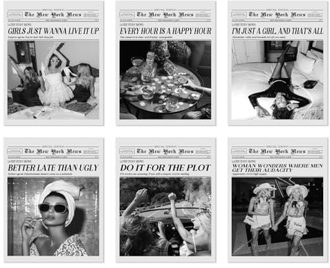 Dazzlewall 6er Set Feminismus New York Trends Wanddeko, Schwarz-Weiß Vintage Zeitung Funky Feminist Poster Wandbilder für Mädchen-WG Wohnung Wohnzimmer Schlafzimmer Ohne Rahmen 20x25 cm