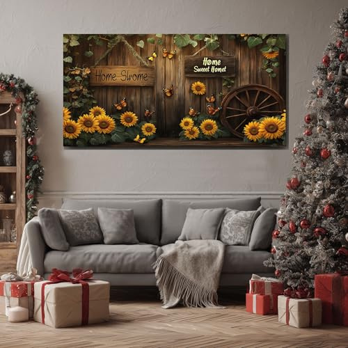 Hölzern Home Sweet Home Bild auf Leinwand Landhausstil Sonnenblumen Groß,