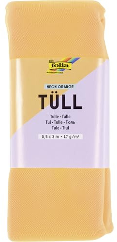 folia 80940 - Tüllstoff in Neon Orange, ca. 50 x 300 cm, Tüll zum Basteln, 17 g/m², handwaschbar bei 40°C, Tüllband für DIY Projekte, zum Dekorieren und Verzieren