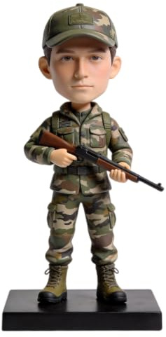 Individuelle Soldat Wackelkopf, personalisierte 3D-Figur aus Foto, handgefertigte Polymer-Ton-Ganzkörper-Statue mit Mini-Militärgewehr, Geschenk für Geburtstag, Ruhestand, Schreibtischdekoration für