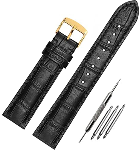 FOUUA Uhrenarmbänder Band Echtes Leder Armband Alligator Geprägte Ersatzarmbänder Armband,Schwarzes Gold,17mm