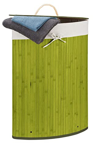 Relaxdays Eckwäschekorb Bambus, Faltbare Wäschebox 60 l, platzsparend, Wäschesack Baumwolle, HBT 65 x 49,5 x 37 cm, grün