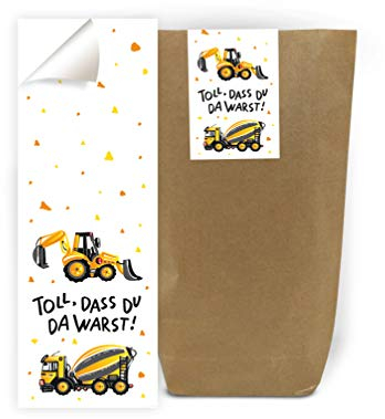 12 Geschenktüten + 12 Aufkleber Baustelle Bagger Party-Tüten für Mitgebsel Gastgeschenke beim Geburtstag Kindergeburtstag Jungen Geschenkverpackung