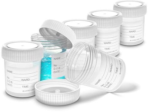 RE-GEN 6x 60ml Clear Specimen Liquid Container Sample Pots - Secure Fit Screw Top White Lids & Printed Clear Identification ID Label