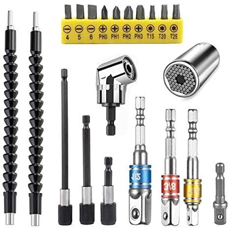 EDIONS 21 PCS Flexible Drill Bit Extension Set, Include 1/2 3/8 1/4 inch Universal Socket Adapter & 105° Right Angle Drill 3pcs Drill Bit Holder & Universal Socket Grip & Screwdriver Bit Kit
