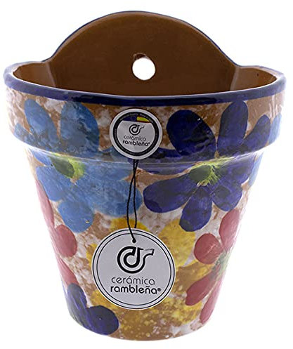 CERÁMICA RAMBLEÑA | Maceta Colgante Pileta | Maceta de Barro para Colgar | Maceta Pared Patios de Córdoba Primavera | 100% Decorada a Mano | 19x17x21 cm