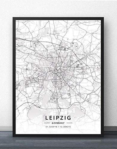YMXCNM Leinwand Bilder, Leipzig Deutschland Stadtplan Wandkunst Bilder Große Poster Drucke Moderne Schwarz-Weiß Stadt Rechteck Gemälde Pop Wandmalereien Kunstwerk Für Zu Hause Dekor