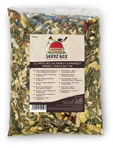 Parrot Food Seed and Nut Mix 3.6kg - Natural Healthy Feed For Parrots Incl African Greys - SeedzBox - Banana Pumpkin Seeds Peanuts and Whole Oats - Fats and Fibre - Donation to OneTreePlanted