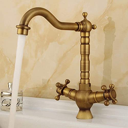 YYDSA Badarmatur Antikes Kupfer Gebürstetes Messing Waschbecken Wasserhahn Retro Nostalgisch Gebürsteter Badarmatur Zwei Griff Wasserhahn