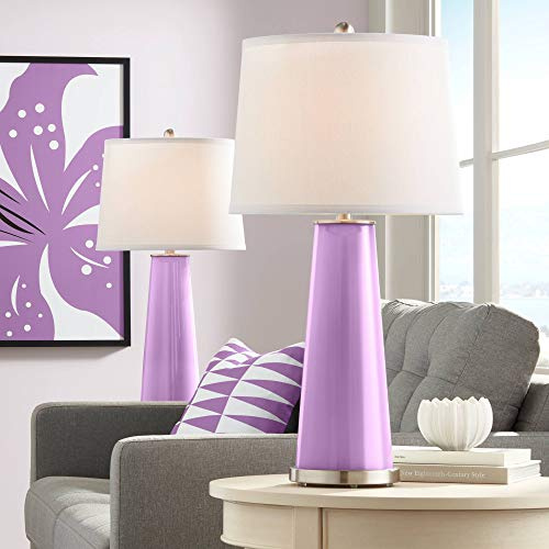 Color + Plus Leo 29 1/2 Tall Cylinder Modern End Table Lamps Set of 2 African Violet Purple Brushed Nickel Finish Glass White Shade Living Room Bedroom Bedside Nightstand House Office Home Reading