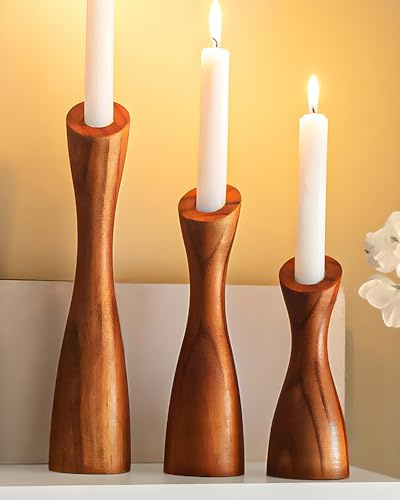 OLEEK Kerzenhalter aus Holz für Tischdekoration (22,9 cm, 20,3 cm, 15,2 cm) – (passend für 2,2 cm Kerzen) Bauernhaus-Kerzenhalter-Set – rustikaler Kerzenhalter aus Holz – antike dekorative Kerzen für