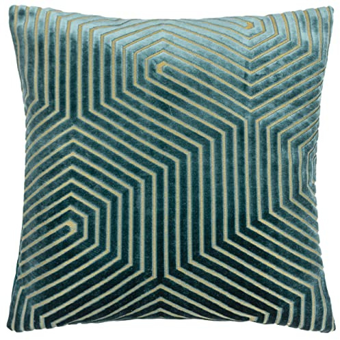 Paoletti Evoke Velvet Feather Filled Cushion – Luxurious Chevron Pattern Decorative Square Pillow With Filling (Teal - 45x45cm)