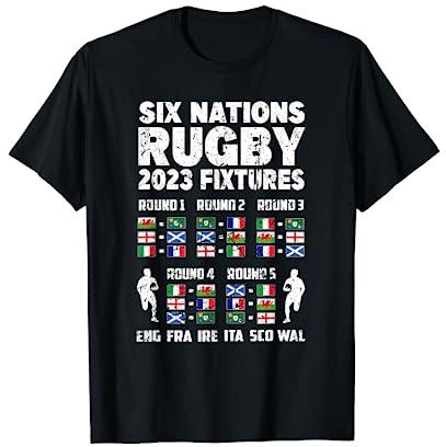 Rugby 6 Nationen Flaggen Fixures für internationale Spiele 2023 T-Shirt