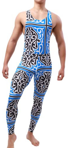 Juflam Herren Mode Gedruckt Ein Stück Bodysuit Wrestling Singlet Athletische Leotard Gym Sportswear Undershirt Vest Top (blau, L)