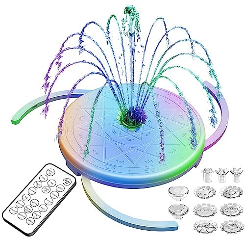 LED Water Fountain Pump, USB Floating Pond Fountain with Remote Control, Colourful LED Water Pump with 6 Nozzles and Support Bar for Birdbath, Garden, Pond, and Outdoor