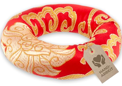 Cojín de cuenco tibetano en forma de anillo para la posición segura de su cuenco tibetano (hasta Ø 20 cm) y más sonido, artesanía tradicional, rojo-oro