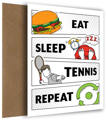 Hey Chimp Tennis-Geburtstagskarte für Ihn – Essen, Schlafen, Tennis, Wiederholen – ideal für Väter, Söhne, Ehemänner oder Freunde – Ace Their Birthday, Eat Sleep Repeat Card, Tennis