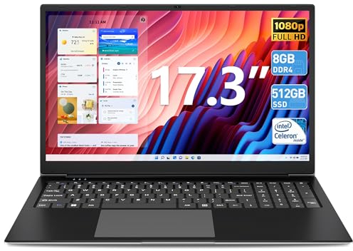 SGIN 17 pulgadas ordenador portátil, 8 GB RAM 512 GB SSD Notebook, Celeron Quad Core, Up to 2.8 Ghz, 1920 x 1080 FHD, 2.4/5.0G WiFi, 4.2 Bluetooth, admite memoria extensible 512 GB TF