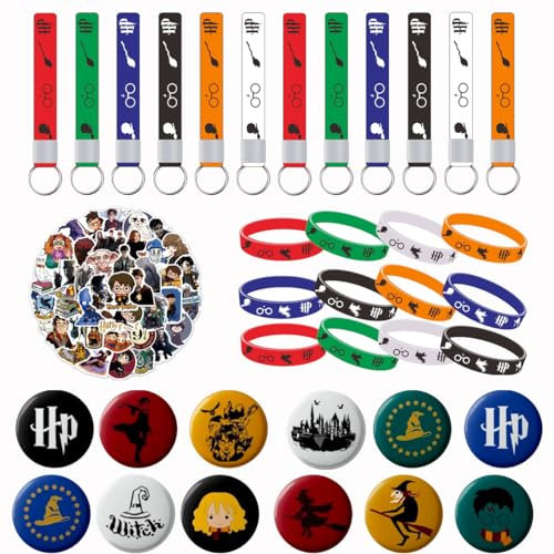Tkcumwcz Geburtstag Mitgebsel Kinder Harry, Kindergeburtstag Mitgebsel Set, Potter Mitgebsel Geschenke Set für Jungen Mädchen mit 12 Silikonarmbänder, 12 Schlüsselanhänger, 12 Broschen, 50 Aufkleber