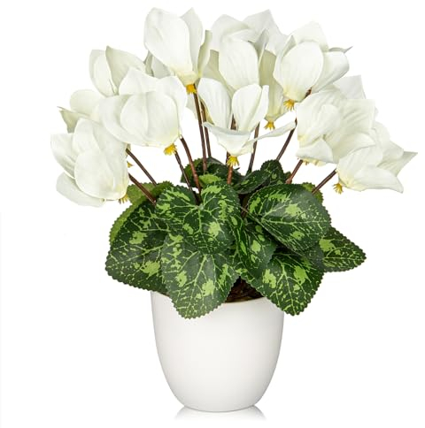 Fiori di ciclamino artificiali in vaso, fiori finti in seta, piante in vaso bianco finto ciclamino bianco, decorazione per la casa, ufficio, bagno, mensola, scrivania, decorazioni