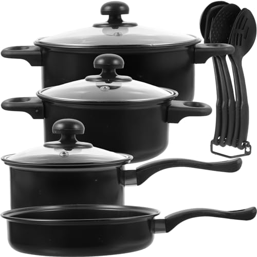 BESTonZON Juego de ollas y sartenes de hierro fundido de 7 piezas 4 ollas y sartenes con 3 tapas tapa juego de ollas de cocina antiadherentes con utensilios para encimera eléctrica de gas