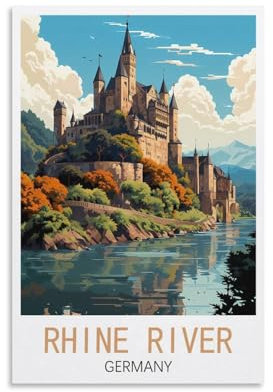 Rhein Fluss Deutschland Vintage Reiseposter Baum 30 x 45 cm Leinwand Wandkunst Druck Gemälde für Wanddekoration Wohnzimmer Schlafzimmer