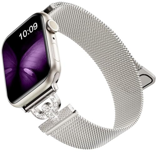MaEiol Metallo Cinturino per Apple Watch 41mm /40mm /38mm /42mm(Series 11/10), Cinturinio Magnetico Diamante Acciaio Inossidabile per Apple Watch SE/Series 11 10 9 8 7 6 5 4 3 2 1, Starlight