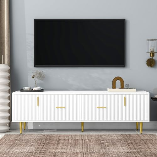 HAINEW Moderner TV Schrank Weiss TV Lowboard mit 2 Türen und 2 Schubladen, 170cm Lang TV Ständer TV Fernsehschrank TV Tisch Fernsehtisch mit Goldene Griffe und Vertikalen Streifen für Wohnzimmer