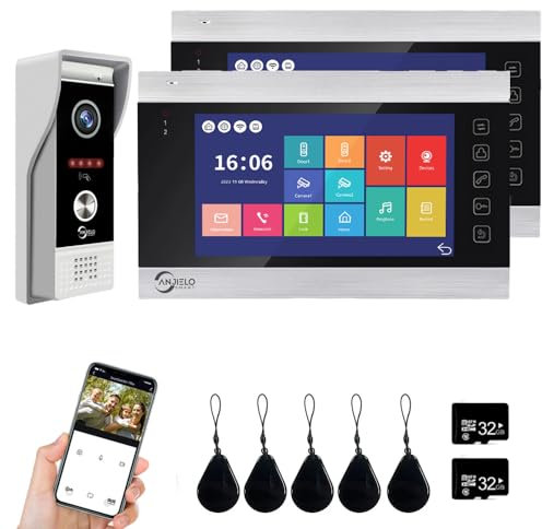 ANJIELO SMART Sistema videocitofono, videocamera WiFi con monitor da 7 pollici campanello cablato 1080P, supporta l'ingresso della scheda di scorrimento e rilevamento del movimento, 2 monitor
