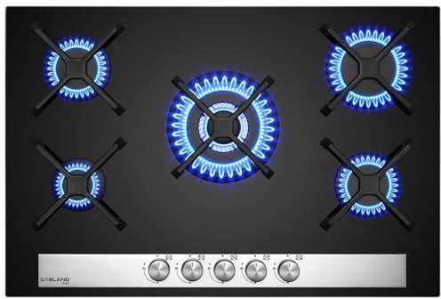 GASLAND GH6805BG1FC Cocina de Gas Butano, Encimera de Cristal Con 5 Fogones y Quemador Wok, Placa Empotrable Negra de 76 cm, 10,4 KW